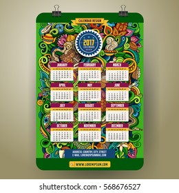 Cartoon colorful hand drawn doodles India 2017 year calendar template. English, Sunday start. Very detailed, with lots of objects illustration. Funny vector artwork.