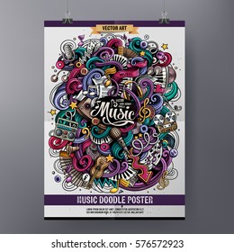 Cartoon Colorful Hand Drawn Doodles Musical Poster Template. Very Detailed, With Lots Of Music Objects Illustration. Funny Vector Artwork. Corporate Identity Design.