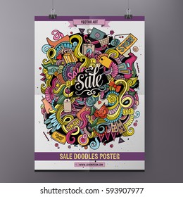 Cartoon colorful hand drawn doodles Sale poster template. Very detailed, with lots of objects illustration. Funny vector artwork. Corporate identity design.