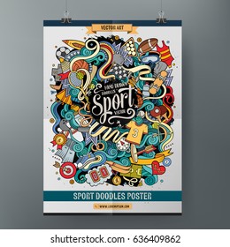 Cartoon colorful hand drawn doodles Sport poster template. Very detailed, with lots of objects illustration. Funny vector artwork. Corporate identity design.