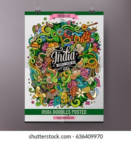 Cartoon colorful hand drawn doodles India poster template. Very detailed, with lots of objects illustration. Funny vector artwork. Corporate identity design