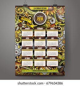 Cartoon colorful hand drawn doodles Honey 2018 year calendar template. English, Sunday start. Very detailed, with lots of objects illustration. Funny vector artwork.