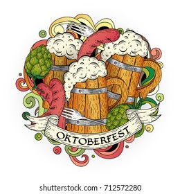 Cartoon colorful hand drawn doodles Oktoberfest poster template. Detailed vector illustration with grilled sausage, hop, wooden beer mug, pretzel. Beer festival flyer, bar menu background.