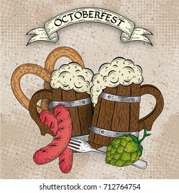 Cartoon colorful hand drawn doodles Oktoberfest poster template. Detailed vector illustration with grilled sausage, hop, wooden beer mug, pretzel. Beer festival flyer, bar menu background.