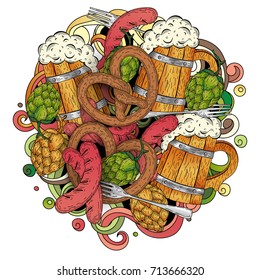 Cartoon colorful hand drawn doodles Oktoberfest template. Detailed vector illustration with grilled sausage, hop, wooden beer mug, pretzel. Beer festival flyer, bar menu background.