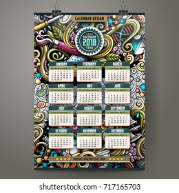 Cartoon colorful hand drawn doodles Science 2018 year calendar template. English, Sunday start. Very detailed, with lots of objects illustration. Funny vector artwork.