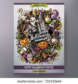 Cartoon colorful hand drawn doodles Halloween poster template. Very detailed, with lots of objects illustration. Funny vector artwork. All objects separate.