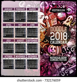 Cartoon colorful hand drawn doodles Halloween 2018 year calendar template. English, Sunday start. Very detailed, with lots of objects illustration. Funny vector artwork.