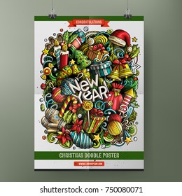 Cartoon colorful hand drawn doodles Happy New Year poster template. Very detailed illustration. Funny vector artwork. Corporate identity design. All items are separate.