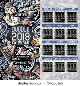 Cartoon colorful hand drawn doodles Winter 2018 year calendar template. English, Sunday start. Illustration with lots of elements. All objects are separated