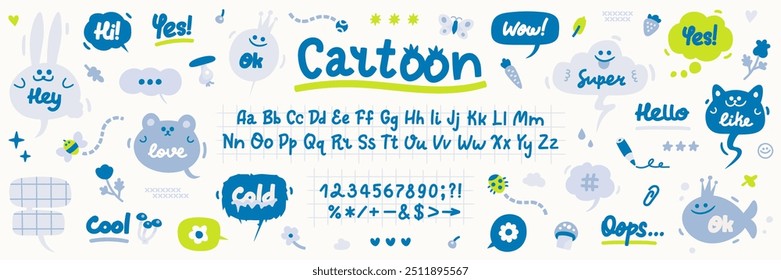 Cartoon colorful hand drawn English alphabet, doodle conversation clouds or dialogue chat bubbles isolated on background. Childish vector lettering script. Cute font. Numbers and letters calligraphy