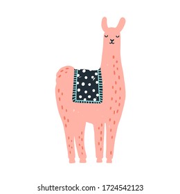 Cartoon colorful hand drawn funny lama vector flat illustration. Adorable domestic furry animal standing isolated on white background. Cute doodle colored llama character