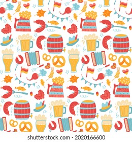 Cartoon colorful hand drawn Oktoberfest seamless pattern. Detailed backdrop with grilled sausage, hop, wooden beer mug, pretzel. Beer festival flyer, bar menu background. Flat vector illustration.