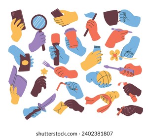 Cartoon Colorful Hands holding different objects in human hand set collection, hold gestures. Hand with mobile phone, book, knife, flower, money, dynamite, cigarette, straw, basketball, cup, pencil.