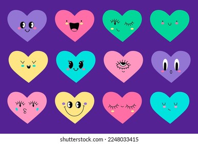 Cartoon colorful heart characters with funny faces emoticon. Valentine day symbol. Retro style colors hearts with eyes. Every heart is isolated.