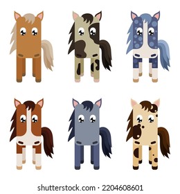 Cartoon colorful horse set on white background Domestic transport animal collection. Farm themed vector illustration for icon, stamp, label, badge, sticker or gift card