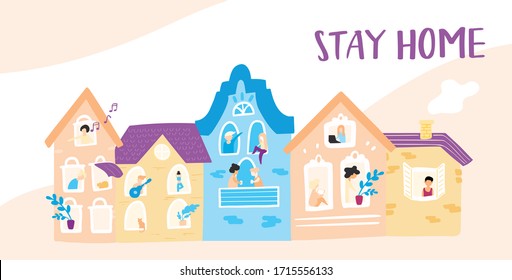 Cartoon colorful houses and the people who live in them. Neighbors and their activities.