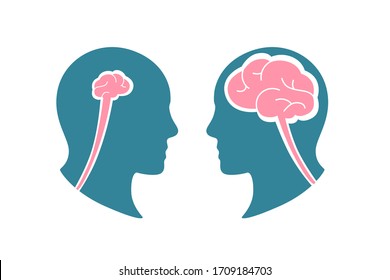 Cartoon colorful human smart stupid head vector flat illustration. Transparent male profile with small and big brain isolated on white background. Dialogue of different clever condition silhouette