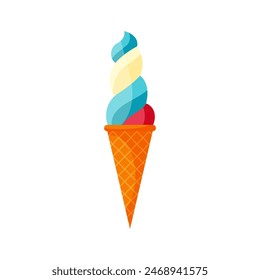 Cartoon colorful ice cream in waffle cone. Swirl bright sundae in wafer cone