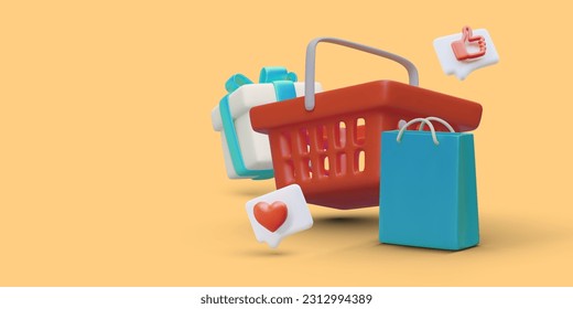 Cartoon colorful illustration with 3d basket, gift box and shopping bag. Web poster with place for text for store. Quick and easy search and purchase of products. Vector illustration