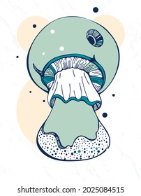 Cartoon colorful illustration of autumn forest plants. Graphic vintage mushrooms.  Doodle illustration with cute blue mushrooms.  Texture transparent bacground with circkes. Vector EPS10.