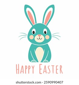  Cartoon colorful illustration Easter bunny with text  Happy Easter. Greeting card Happy Easter   for decorative,banner, poster,card. Vector illustration on white background 