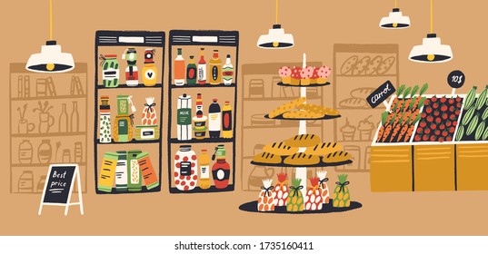 Cartoon colorful interior of supermarket with fresh tasty product on shelves vector flat illustration. Modern grocery retail shop. Aisle of indoor market with bakery, vegetables and food assortment