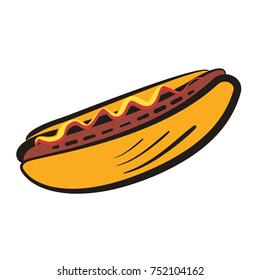 Cartoon colorful isolated outline vector american hot dog symbol. Comic flat linear hotdog icon for fast food restaurant or cafe menu, advertisement, banners, stickers, logo design