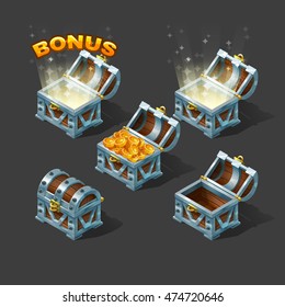 Cartoon Colorful Isometric Chest Set With Bonus. Vector Illustration.