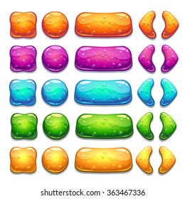 Cartoon colorful jelly buttons with bubbles inside. Vector game assets set, isolated on white