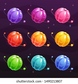 Cartoon colorful jelly planets on space background. Glossy sweet round items for game design. Vector GUI assets set.