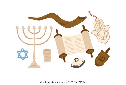 Símbolos Judaísmo coloridos conjunto ilustración plana vectorial. Colección de atributos judíos tradicionales de candelabro de vacaciones, estrella ávida, dreidel, desplazamiento y anchoa aislados en fondo blanco