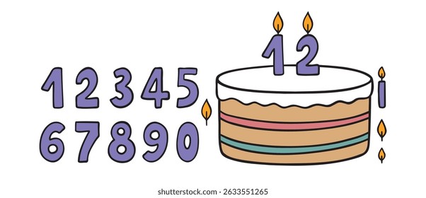 Cartoon colorful kids birthday cake with numbers template drawing doodle style. Birthday cake, burning candles and numbers. Celebration and cake decoration. Vector illustration