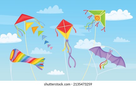 Cartoon colorful kites in sky with clouds, kite festival background. Blue skies with flying air toys, summer kids activity vector illustration. Paper toys of various shapes hovering