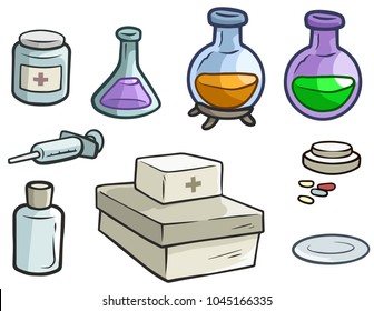 Cartoon colorful laboratory flask, pills, first aid kit and medicine syringe. Isolated on white background. Vector icon set.