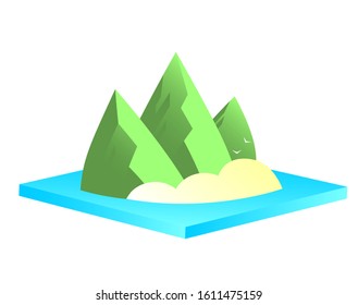 Cartoon colorful landscape with green mountains and trees against the blue sky. Vector isolated illustration.