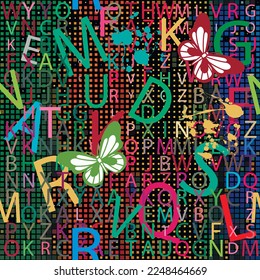 Cartoon colorful letters seamless pattern. Half tone squares and abc background. Repeat typeset backdrop. Letters ornament. Lettering textured modern bright background. Splatters,  fonts, butterflies.