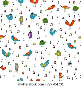 Cartoon colorful little birds and notes seamless. Color music pattern. 