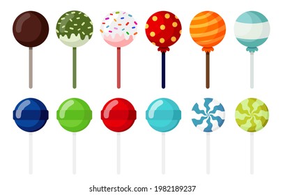 Cartoon colorful lollipop set. Candy on stick. Vector illustration isolated.