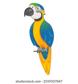 Cartoon colorful macaw parrot sitting on a branch. Exotic tropical bird with yellow and blue feathers isolated on white background.