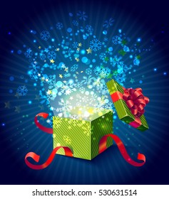 Cartoon colorful magic gift box composition with a surprise inside and explosion vector illustration