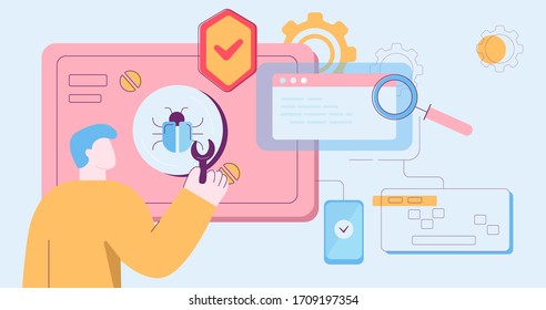 Cartoon colorful male protecting computer software from virus during bug detecting. Man antivirus hunter scanning and detection at device system found infection isolated on white background