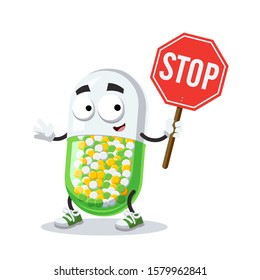 cartoon colorful medical capsule pill mascot with tablet stop in hand on white background