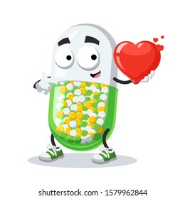 cartoon colorful medical capsule pill character mascot keeps the heart on white background