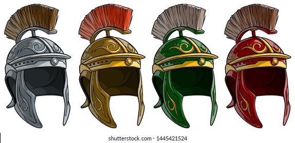 Cartoon colorful metal ancient roman soldier warrior helmet with crest. Isolated on white background. Vector icon set.