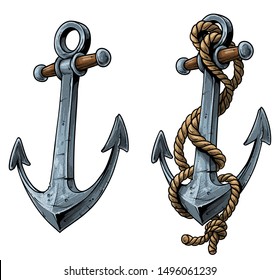 Cartoon colorful metal ship anchor with rope. Isolated on white background. Vector icon set.