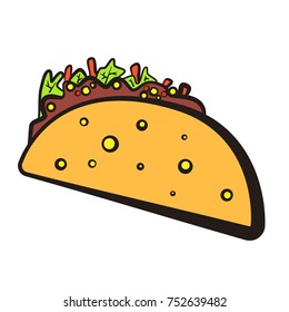 Cartoon colorful mexican taco with black outline symbol. Comic flat linear mexican tacos icon for fast food restaurant or cafe menu, advertisement, banners, stickers, logo design