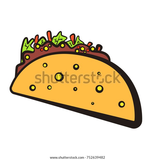 Cartoon colorful mexican taco with black outline symbol. Comic flat