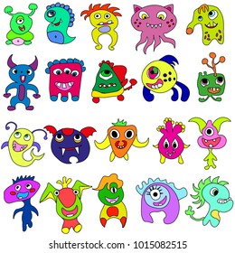 Cartoon colorful Monsters for Kids Big Collection. Funny imaginary monsters design elements clip art on white. 