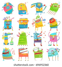 Cartoon Colorful Monsters For Kids Big Collection. Funny Imaginary Monsters Design Elements Clip Art On White. EPS10 Vector Has No Background Color.